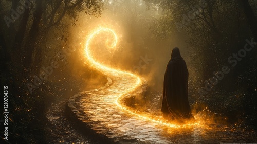luminous finger of light descends from above casting warm glow on winding forest path. cloaked traveler staff gazes in wonder surrounded mysterious mist and dark trees.