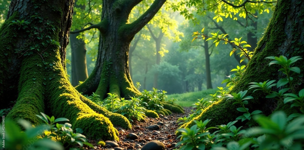 Fototapeta premium Dense foliage covered trees with moss and lichen, leafy, plants