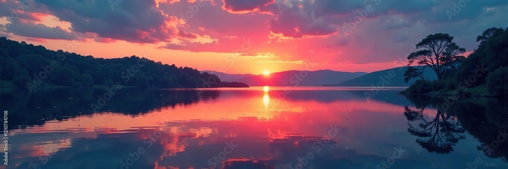 Shards of colored light dance on the lake's surface at dusk, peaceful atmosphere, fragmented reflections, sunset colors