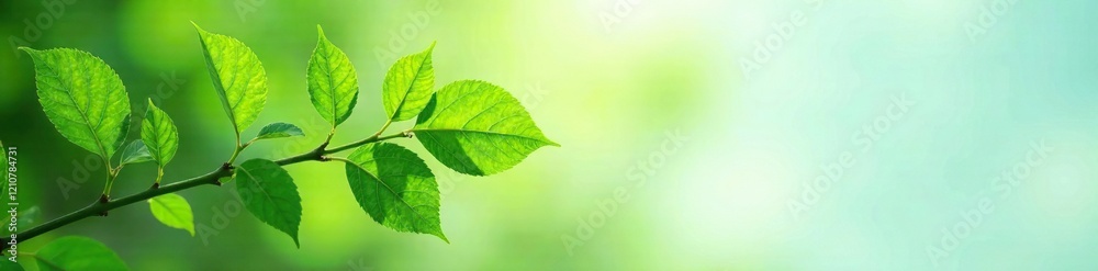 soft green leaves on a branch stretching towards sky, botanical, lush foliage soft green leaves on a branch stretching towards sky, botanical, lush foliage