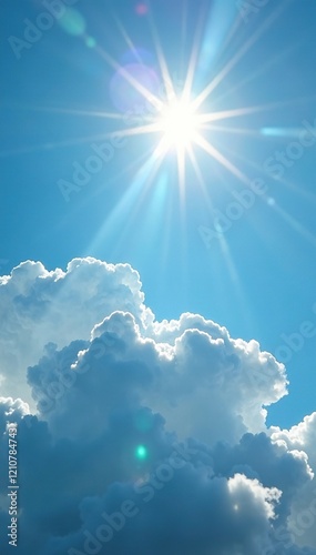 A delicate sunbeam filters through the wispy tendrils of white clouds on a blue morning, sunlight, , clouds