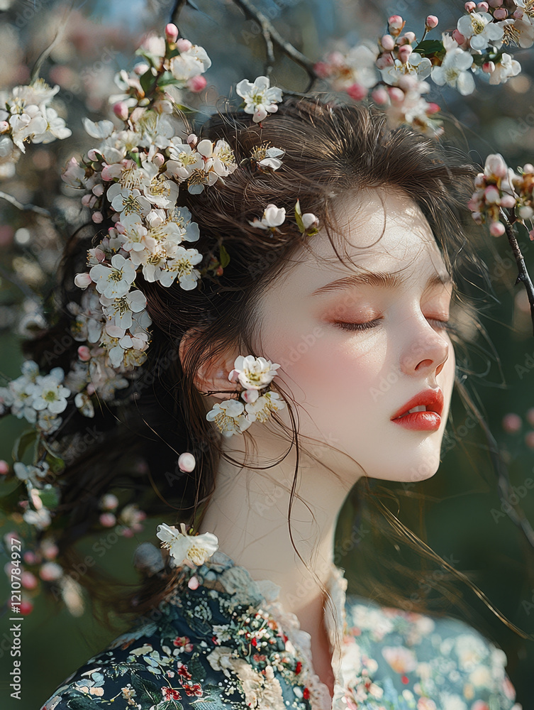 Naklejka premium Serene woman, adorned with blossoms, peaceful expression.