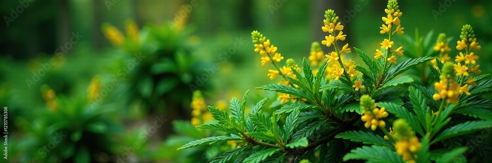 Evergreen shrub with yellow flowers in a woodland environment, shrubs, greenery, horticulture Evergreen shrub with yellow flowers in a woodland environment, shrubs, greenery, horticulture
