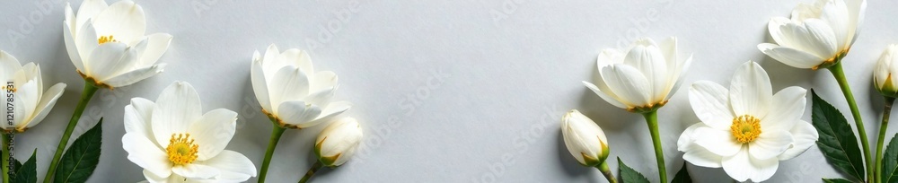 Delicate white petals unfolding on gray paper, floral arrangement, white flowers, gray paper Delicate white petals unfolding on gray paper, floral arrangement, white flowers, gray paper
