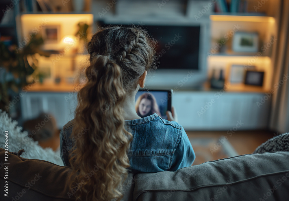 Obraz premium A girl with long hair is sitting on a couch and holding a tablet