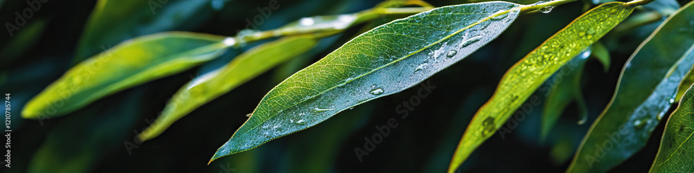 Obraz premium Dew-Covered Lanceolate Leaves