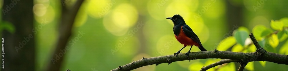 Fototapeta premium Black Redstart on a branch in the forest with dappled sunlight, wildlife, foliage, branches