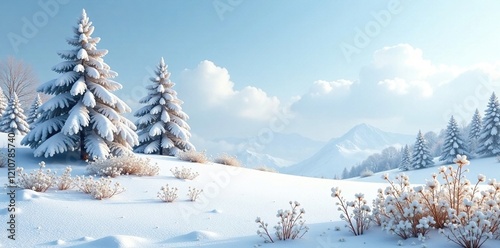 Snowy landscape with white flowers and trees in the foreground isolated, sky, peaceful