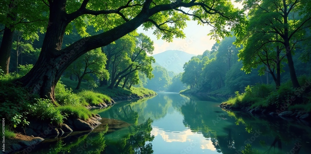 Dense forest near river with tree branches touching water, clouds, branches Dense forest near river with tree branches touching water, clouds, branches