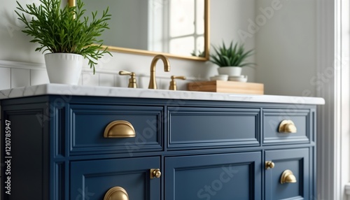 Elegant navy blue bathroom vanity with gold hardware against white background. Stylish vanity unit with drawers, cabinet doors. Luxury decor. Interior design with modern, refined aesthetic. High-end
