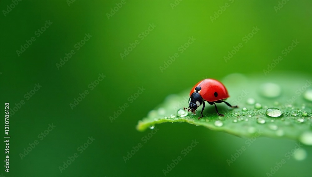 Delicate red ladybug on dew-kissed leaf surface, insect on leaf, tiny details Delicate red ladybug on dew-kissed leaf surface, insect on leaf, tiny details