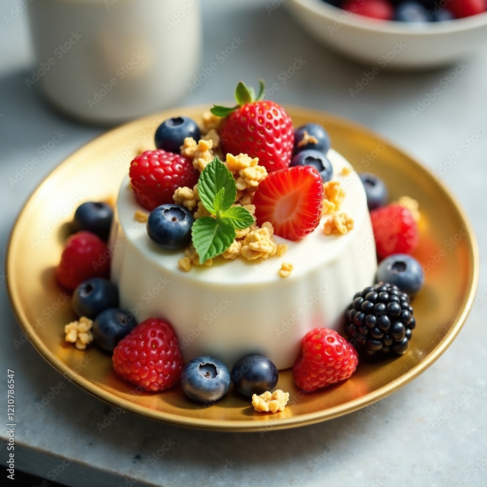 Creamy yogurt layered with fresh berries and crunchy granola on a golden plate, breakfast, brunch, honeydew melon Creamy yogurt layered with fresh berries and crunchy granola on a golden plate, breakfast, brunch, honeydew melon