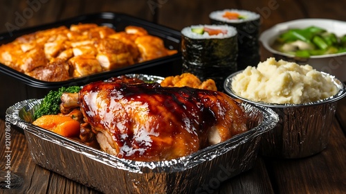 Delicious Takeout Meal: Roasted Chicken, Mashed Potatoes, Sushi, and More! photo