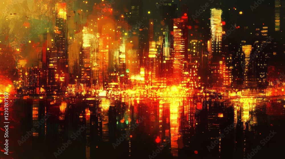 Obraz premium Modern abstract cityscape with glowing lights, futuristic and dynamic, highly detailed, vibrant and bright, clean dark background