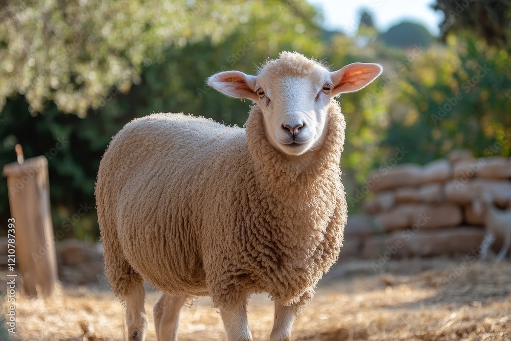 Obraz premium A cute sheep standing in front of an outdoor animal pen, looking at the camera with happy eyes.