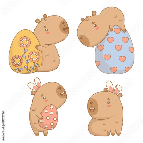 Cute Easter Capybara collection. Happy cartoon kawaii animal in bunny ears with paschal egg. Vector illustration. Isolated holiday cool character