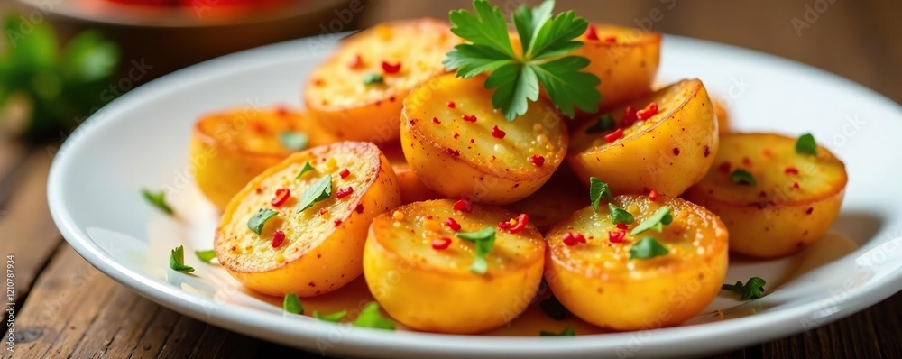 Fried potatoes with paprika and chili flakes on a white plate garnished with fresh parsley, garnish, cuisine, fried Fried potatoes with paprika and chili flakes on a white plate garnished with fresh parsley, garnish, cuisine, fried