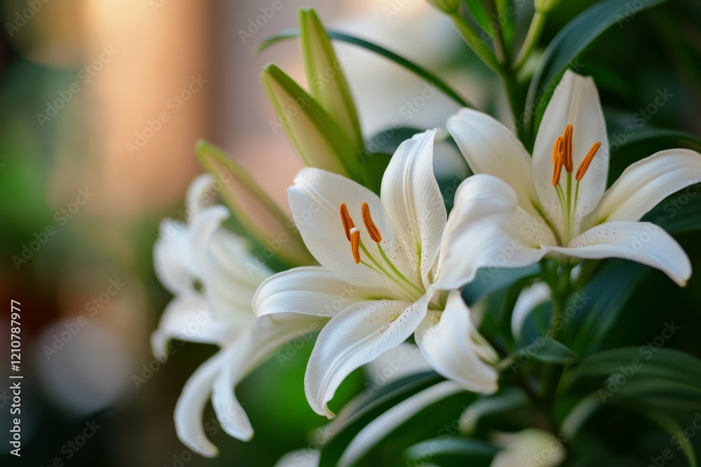 Obraz premium Close-up of white Easter lilies, focusing on the delicate petals and green leaves, with a soft background and natural light creating a warm atmosphere.