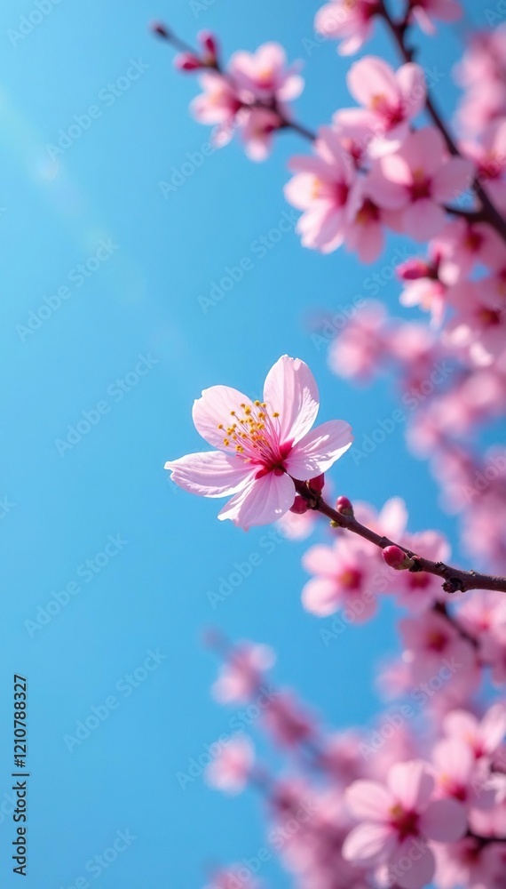 a single cherry blossom against a bright blue sky, blossoming tree, sunshine a single cherry blossom against a bright blue sky, blossoming tree, sunshine