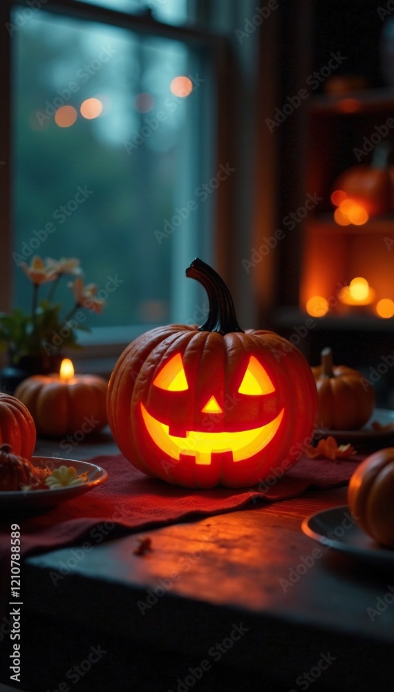 Fototapeta premium A glowing jack o lantern on a table with other decorations, decorations, fall,