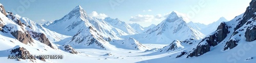 Snow-capped mountains with rocky outcroppings, terrain, snow