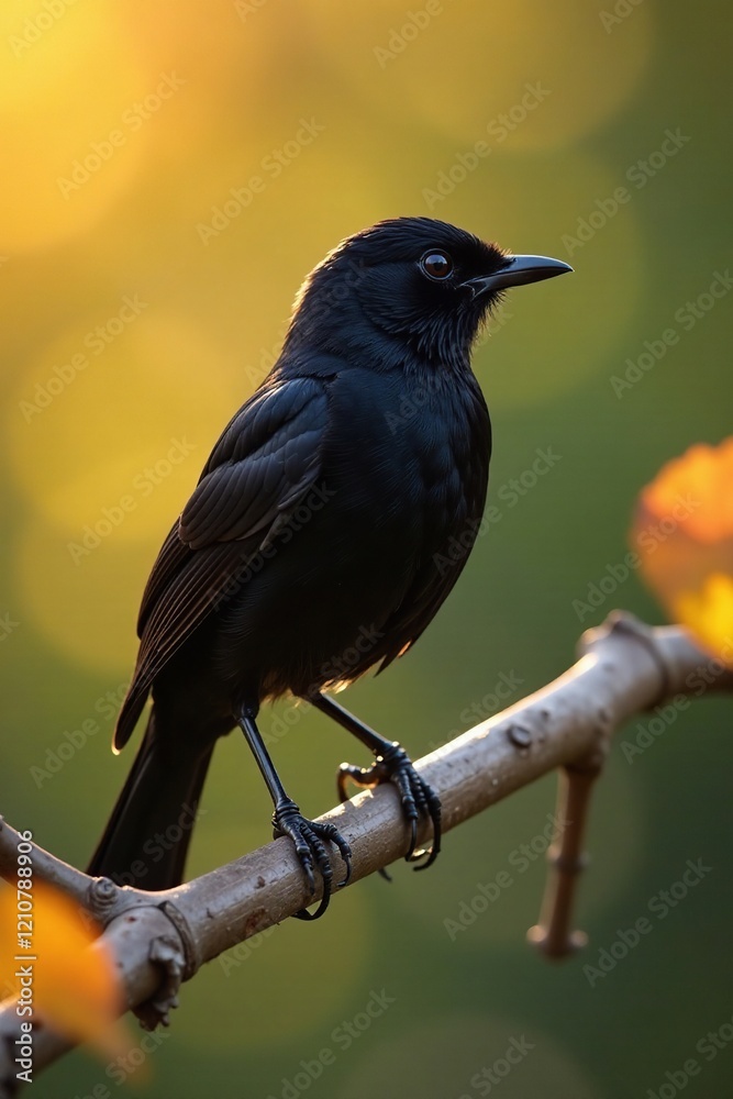 Naklejka premium Black Redstart on a branch in the morning sunlight, morning, birdsong