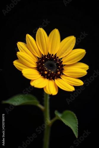 Bright yellow sunflower on black background with shallow depth of field, shallow depth, solitary, helianthus