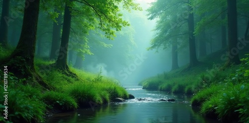 A lone green mist rises from a hidden stream that flows through a dense forest, scenery, ambiance, fog
