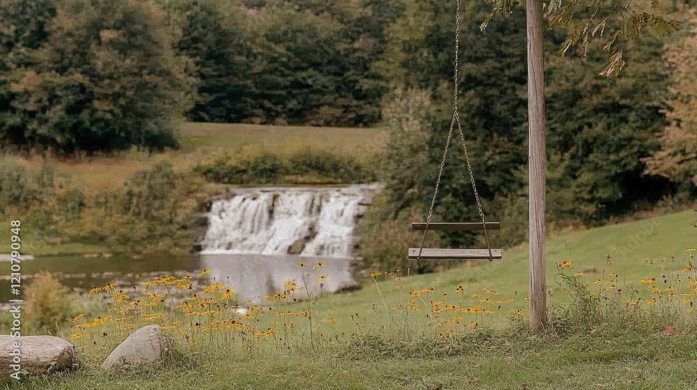 Fototapeta premium Serene waterfall view with rustic swing.