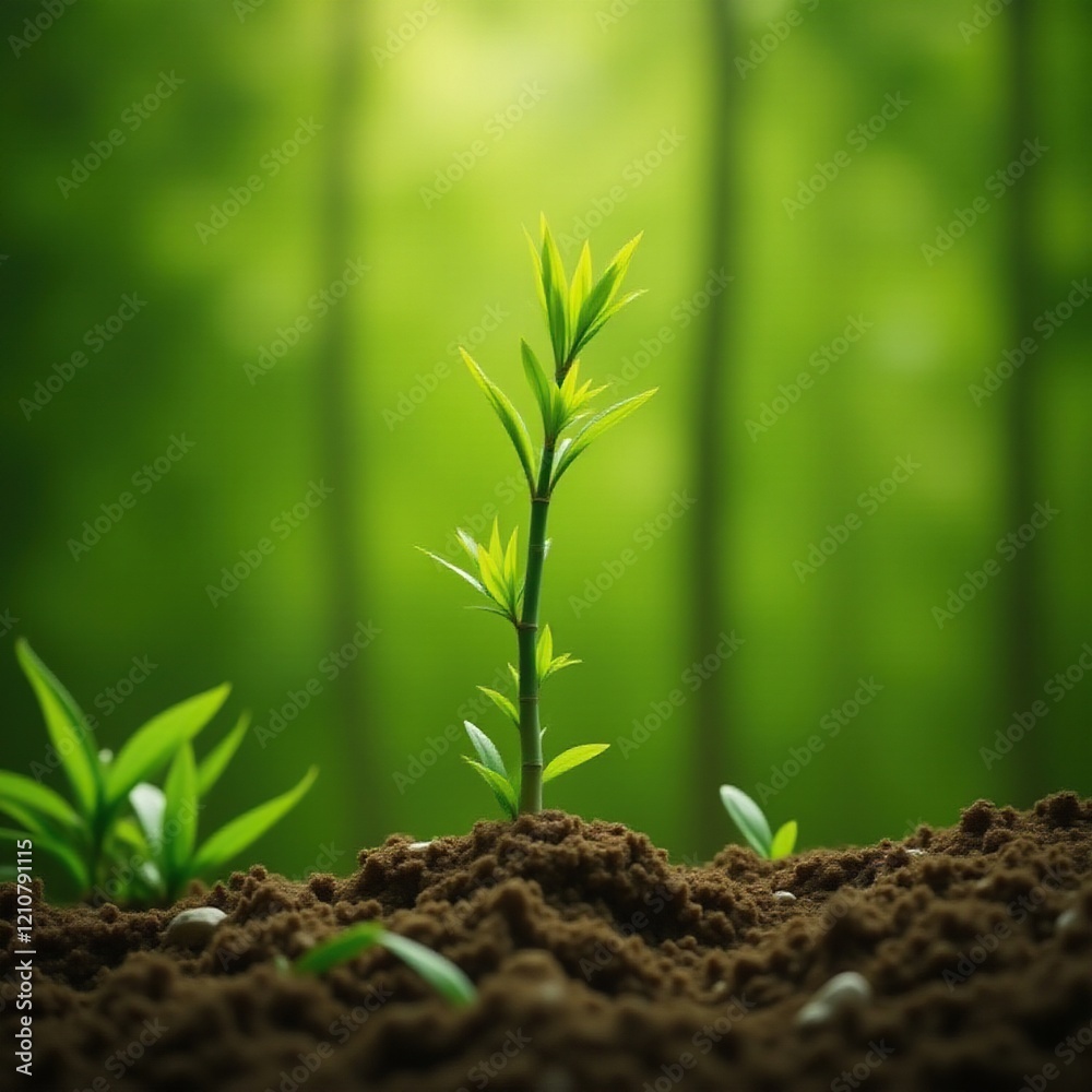 Delicate bamboo shoots emerging from earthy tones, nature, greenery