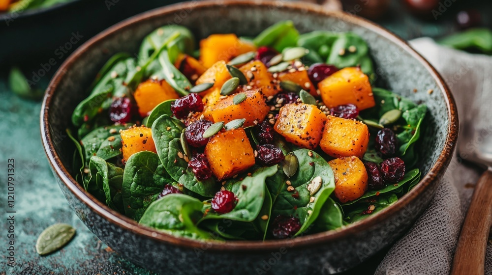 Photorealistic closeup of salad bowl with spinach and squash Photorealistic closeup of salad bowl with spinach and squash