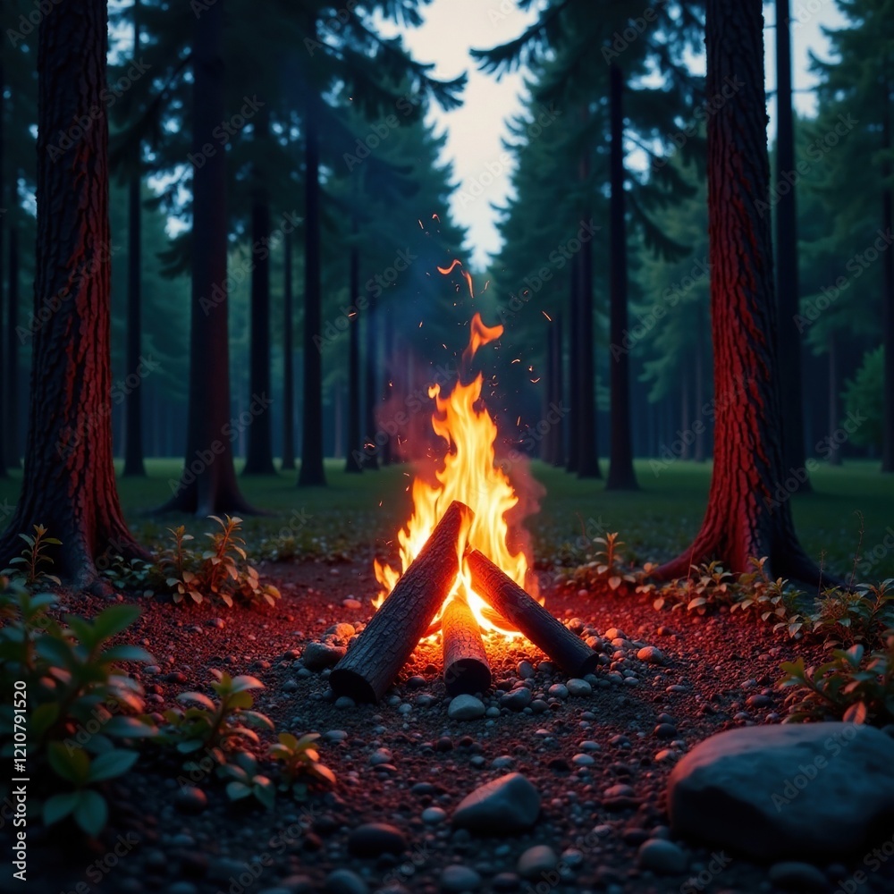 Embers glow softly amidst forest trees at dusk, campfires, wilderness Embers glow softly amidst forest trees at dusk, campfires, wilderness