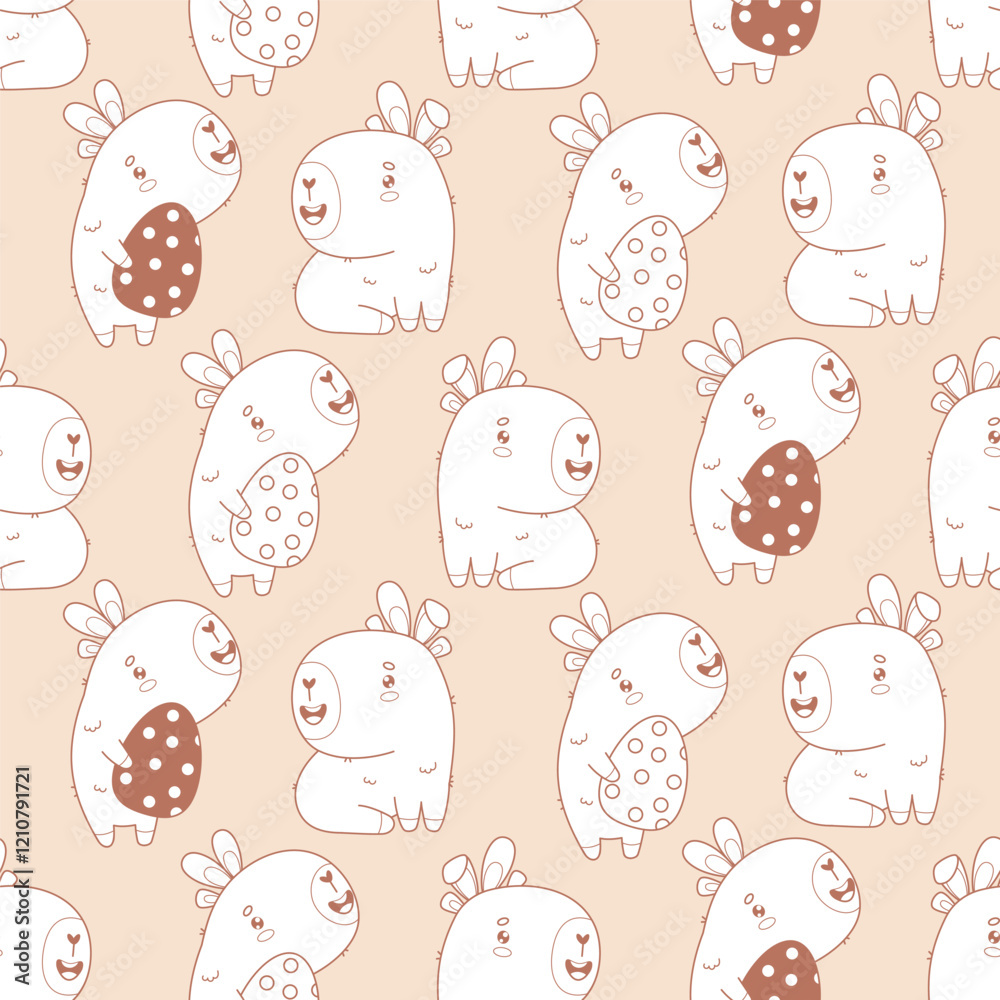 Fototapeta premium Easter Seamless pattern. Holiday Capybaras with Bunny Ears and paschal Eggs on light brown background. Outline Cute cartoon animal backdrop. Line drawing. Vector illustration. Kids collection
