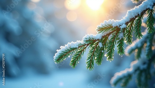 Frosty evergreen branch against a bright snowy background, evergreen, frosty, frost