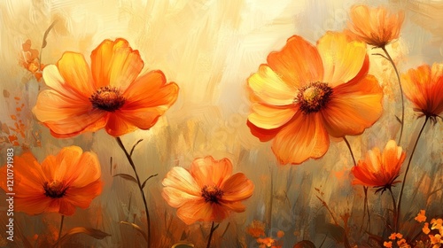 Painterly floral artwork with vibrant orange and yellow flowers, highly detailed, artistic and warm, vibrant and delicate, natural and beautiful atmosphere
