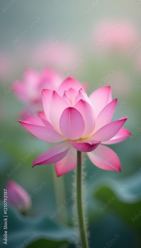 Pink lotus flowers sway gently in the breeze with white stems, stem, petals, gentle Pink lotus flowers sway gently in the breeze with white stems, stem, petals, gentle