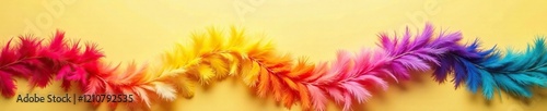 Colorful feather boas draped over a pale yellow background with subtle glitter effect, fairy feather, pale yellow