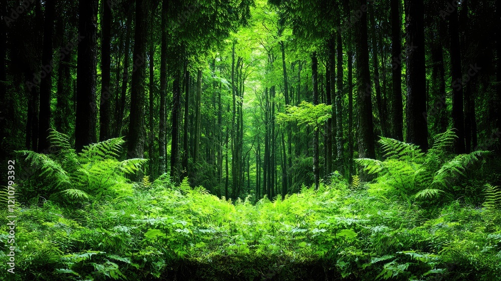 Obraz premium Lush green forest path, sunlight filters through trees, ferns at the edges, peaceful nature scene, ideal for backgrounds
