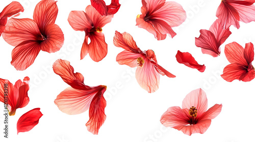 red hibiscus flowers flowing ai mid air isolated png transparent background photo