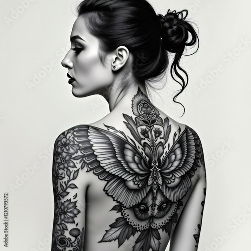Elaborate Butterfly Tattoo Adorned with Intricate Floral and Symmetrical Patterns photo