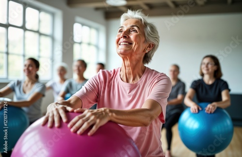 Group of seniors exercising with fitness balls in gym. Smiling elderly woman participates. Active lifestyle, osteoporosis prevention central themes. Indoor setting suggests health club community