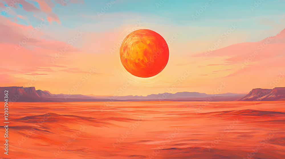 A fiery ball of orange and red slowly sinks into the vast expanse of sandy terrain , sand, sky. Fiery Sky. Illustration A fiery ball of orange and red slowly sinks into the vast expanse of sandy terrain , sand, sky. Fiery Sky. Illustration