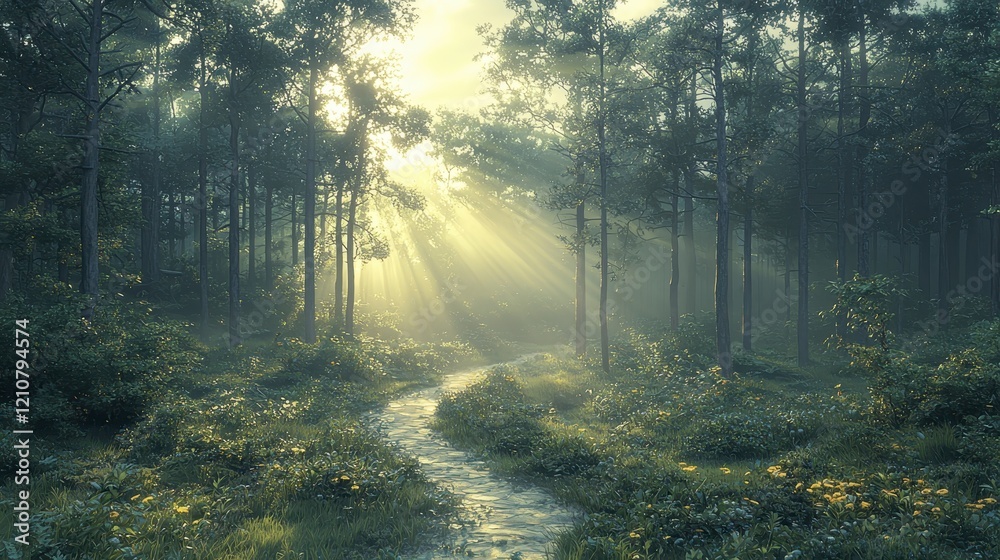 Obraz premium Sun rays illuminate a misty forest path.