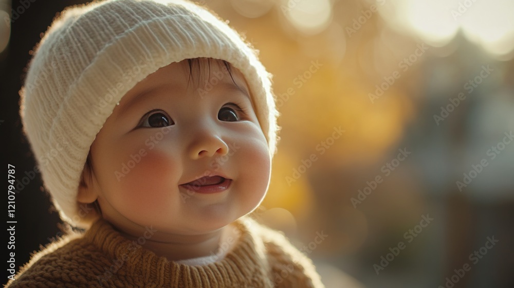 Portrait of a cute baby with a white beanie in soft warm lighting