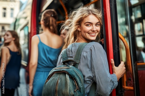 A group embarks on a travel bus journey, representing the essence of traveling, tourism, and vacation