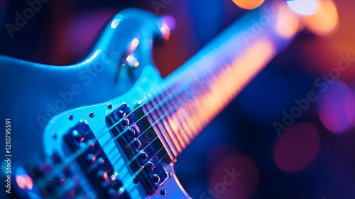 Macro Close-Up of Electric Guitar in Vibrant Stage Lighting with Blue and Purple Bokeh Effects : Generative AI photo