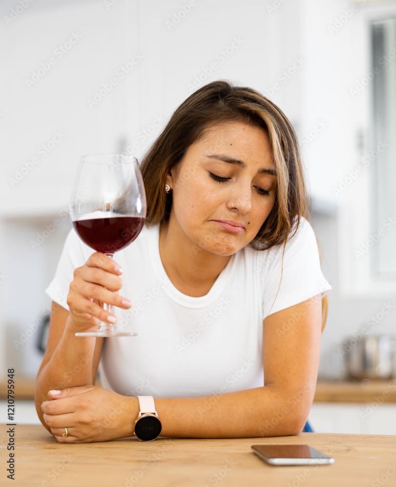 Young depressed Latina sitting alone at home with glass of wine and silent phone feeling abandoned. Upset female suffering from depression after relationship breakup drinking alcohol drink in kitchen Young depressed Latina sitting alone at home with glass of wine and silent phone feeling abandoned. Upset female suffering from depression after relationship breakup drinking alcohol drink in kitchen
