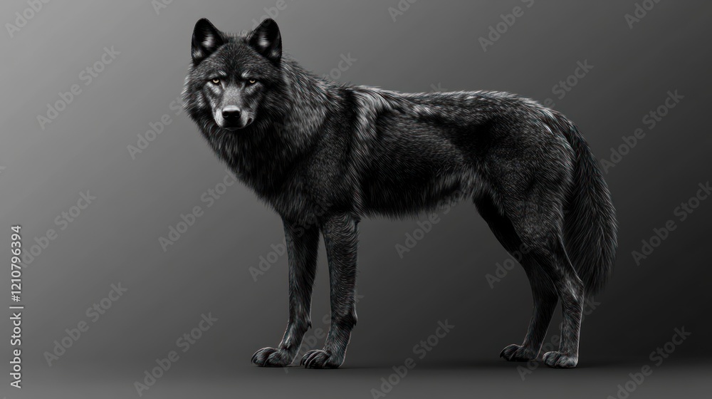 Fototapeta premium A majestic full body illustration of a black wolf standing against a solid grey background