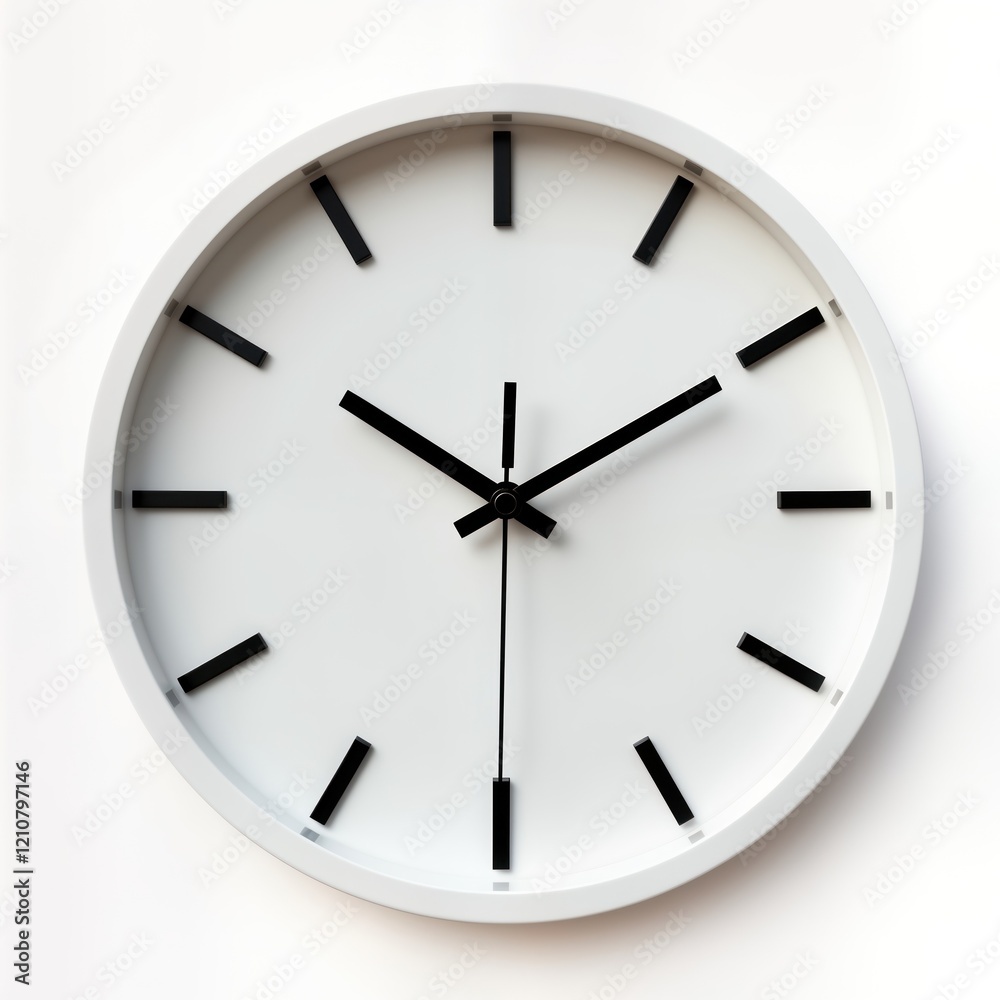 Stylish white clock with black hands, markers on white backdrop. Modern design, suitable for various settings. Simple, clean aesthetic. Ideal for home decor office. Timepiece with minimalist Stylish white clock with black hands, markers on white backdrop. Modern design, suitable for various settings. Simple, clean aesthetic. Ideal for home decor office. Timepiece with minimalist
