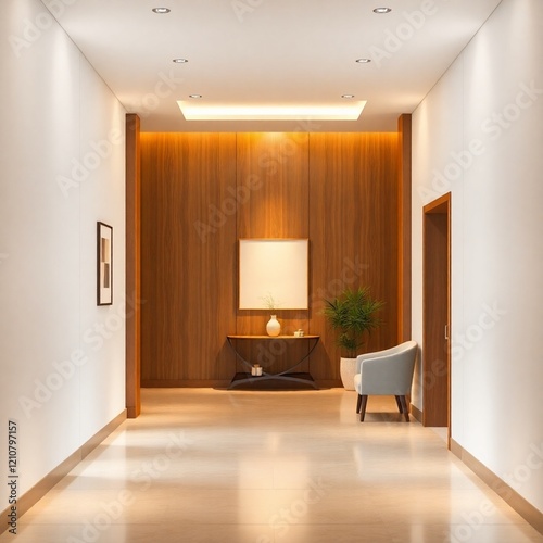 Modern hallway interior with wooden accents.
